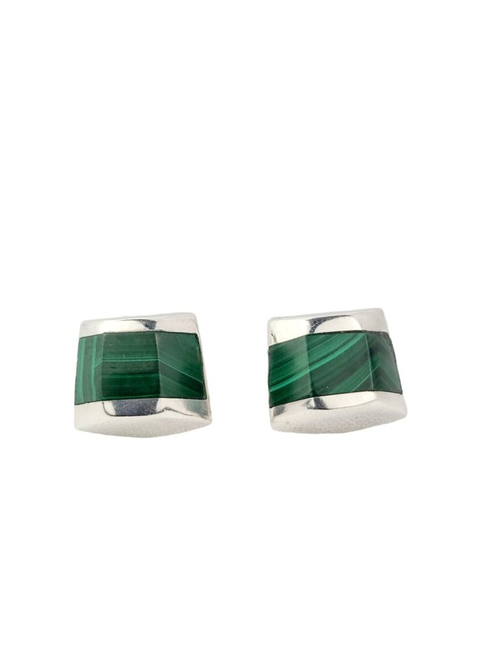 Vintage Sterling Silver Malachite Earrings 0.55" x 0.49"